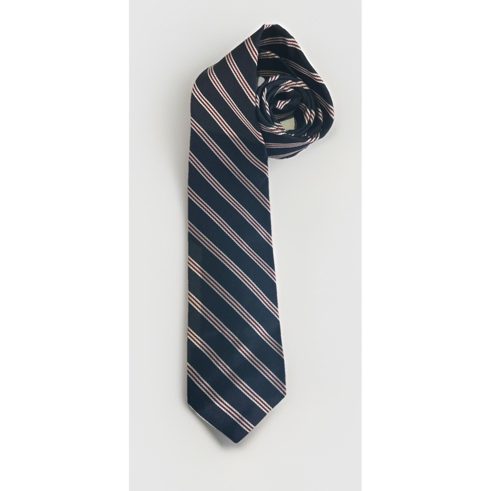 Vtg Philippe Perrier Repp Striped Silk Tie Navy Blue With Red & White Classic